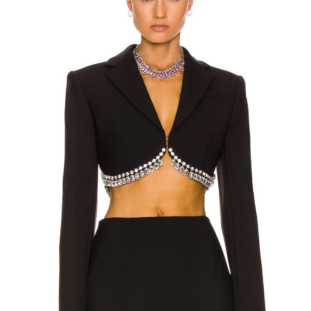 AREA drapped Black Cropped Blazer with Crystal Trim